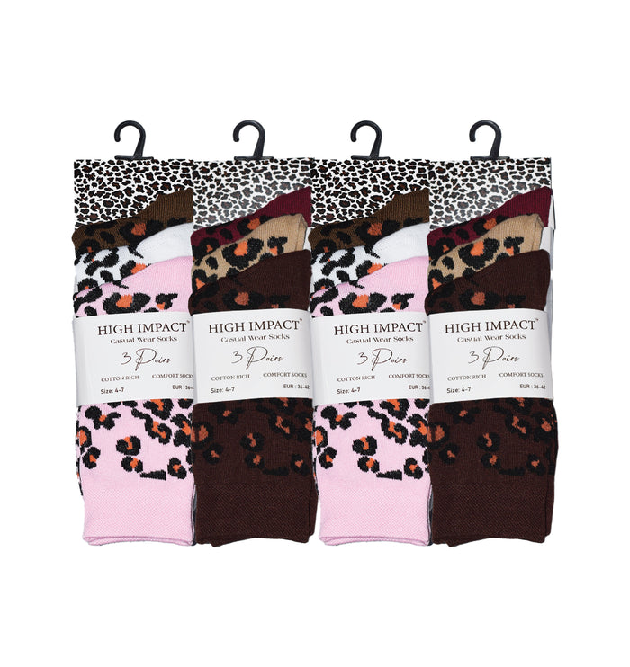 Leopard print women's cotton rich novelty socks ladies multipack UK 4-6.5 Hopoye