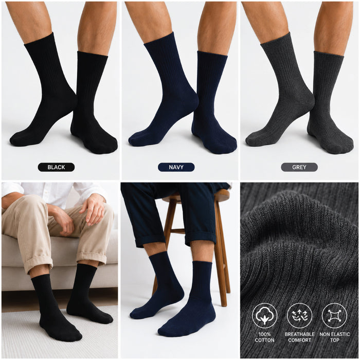 Hopoye non-elastic loose top cotton ribbed socks for swollen feet and ankles, black navy grey pack, UK