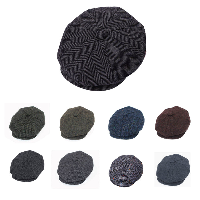Baker boy hat vs flat cap comparison, vintage herringbone 8 panel newsboy cap UK