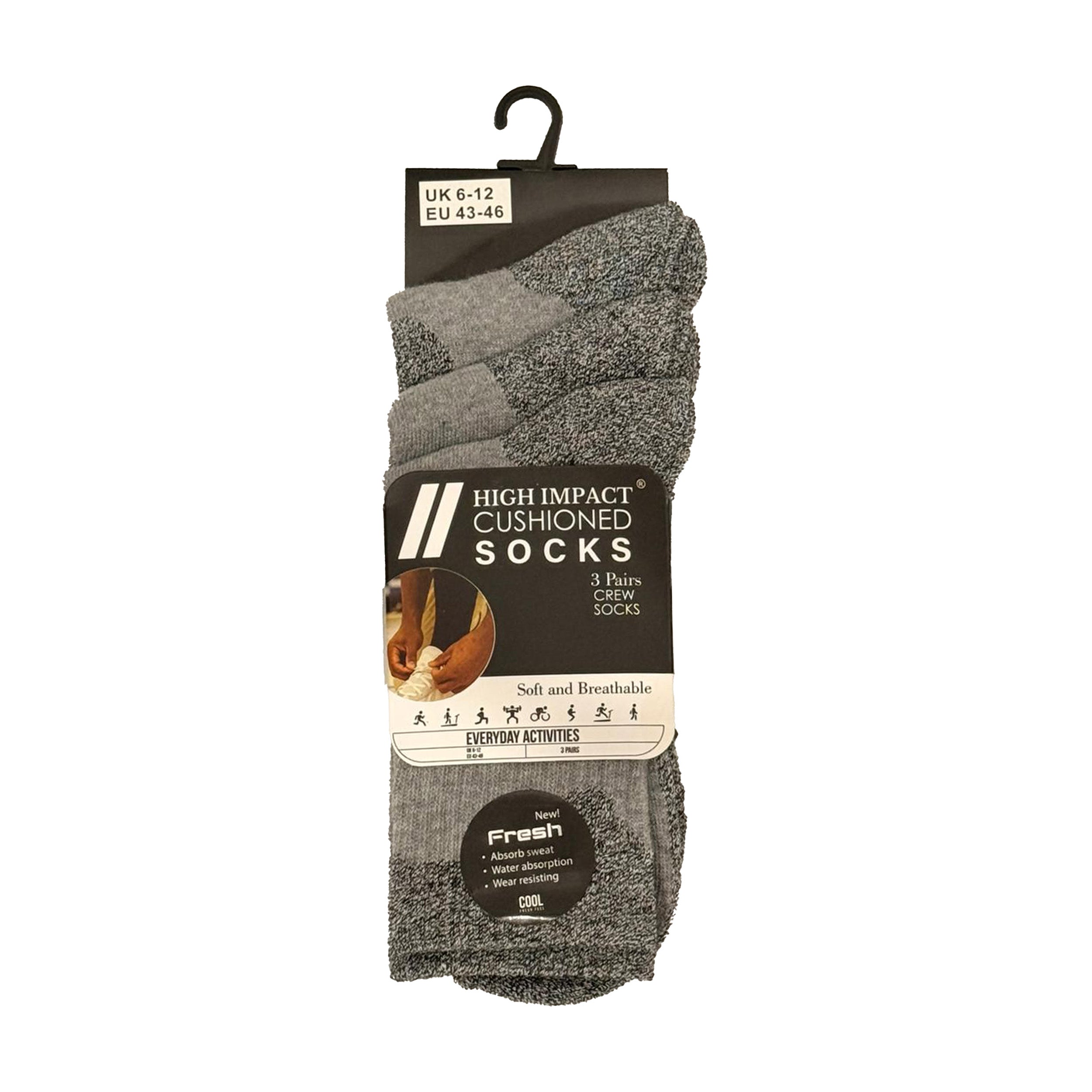 Grey men's sports socks cotton blend breathable cushioned UK 3 6 9 12 pairs