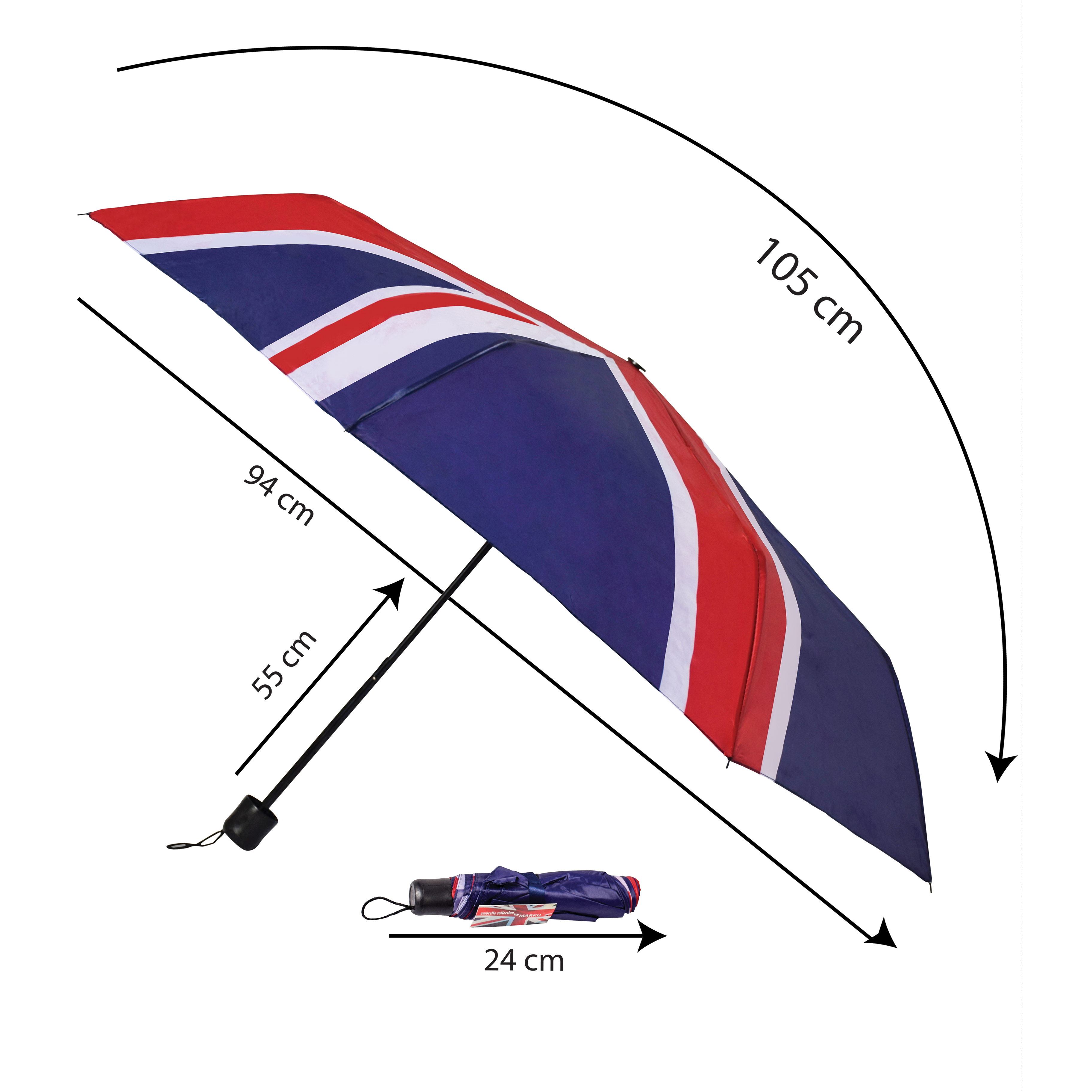 Small Union Jack Umbrella with Hook Handle Strong Steel Frame Polyester Canopy and Foldable