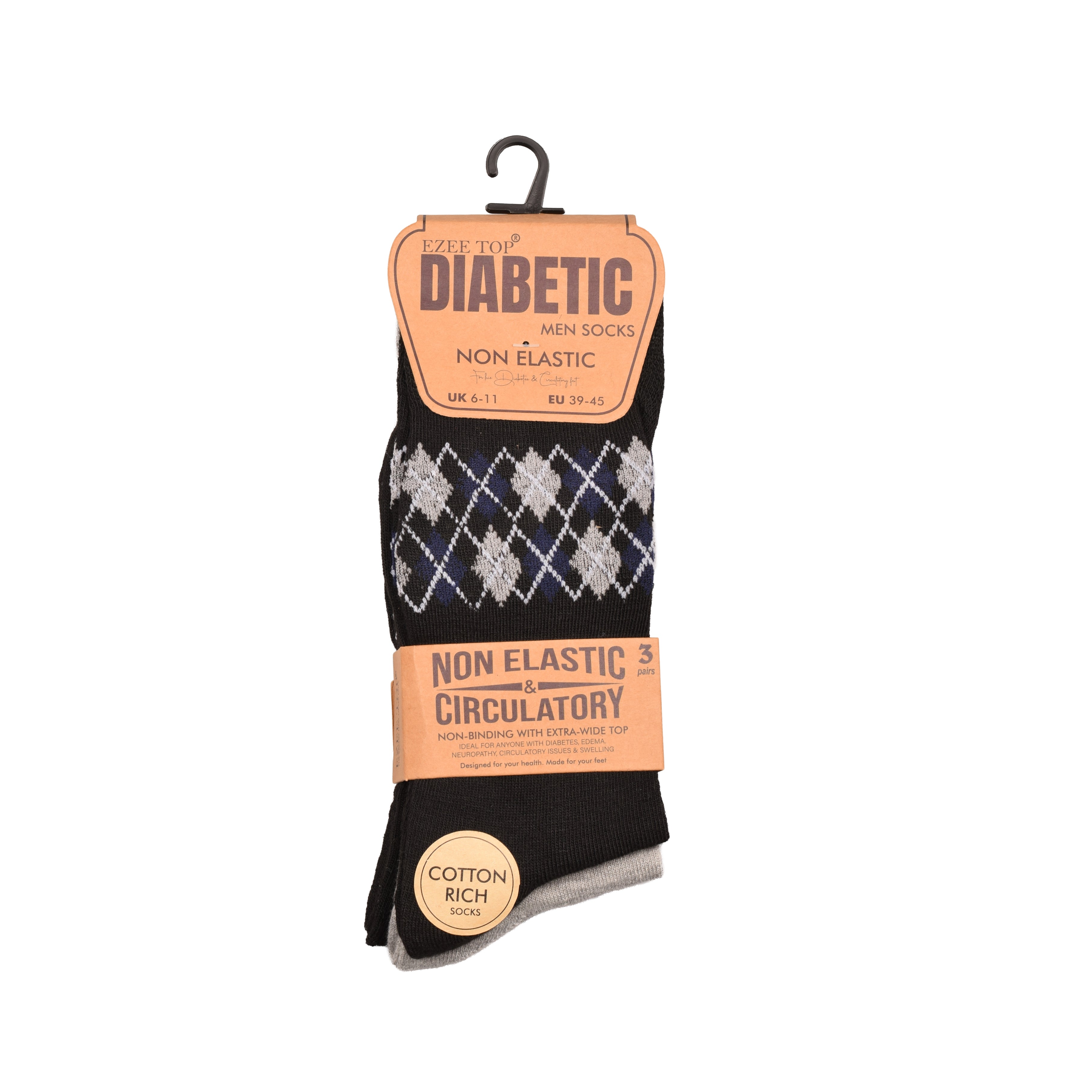 Men's Diabetic Pattern Socks Non-Binding Wide Top | Cotton Rich Multipack 3, 6, 9 & 12 Pairs | UK