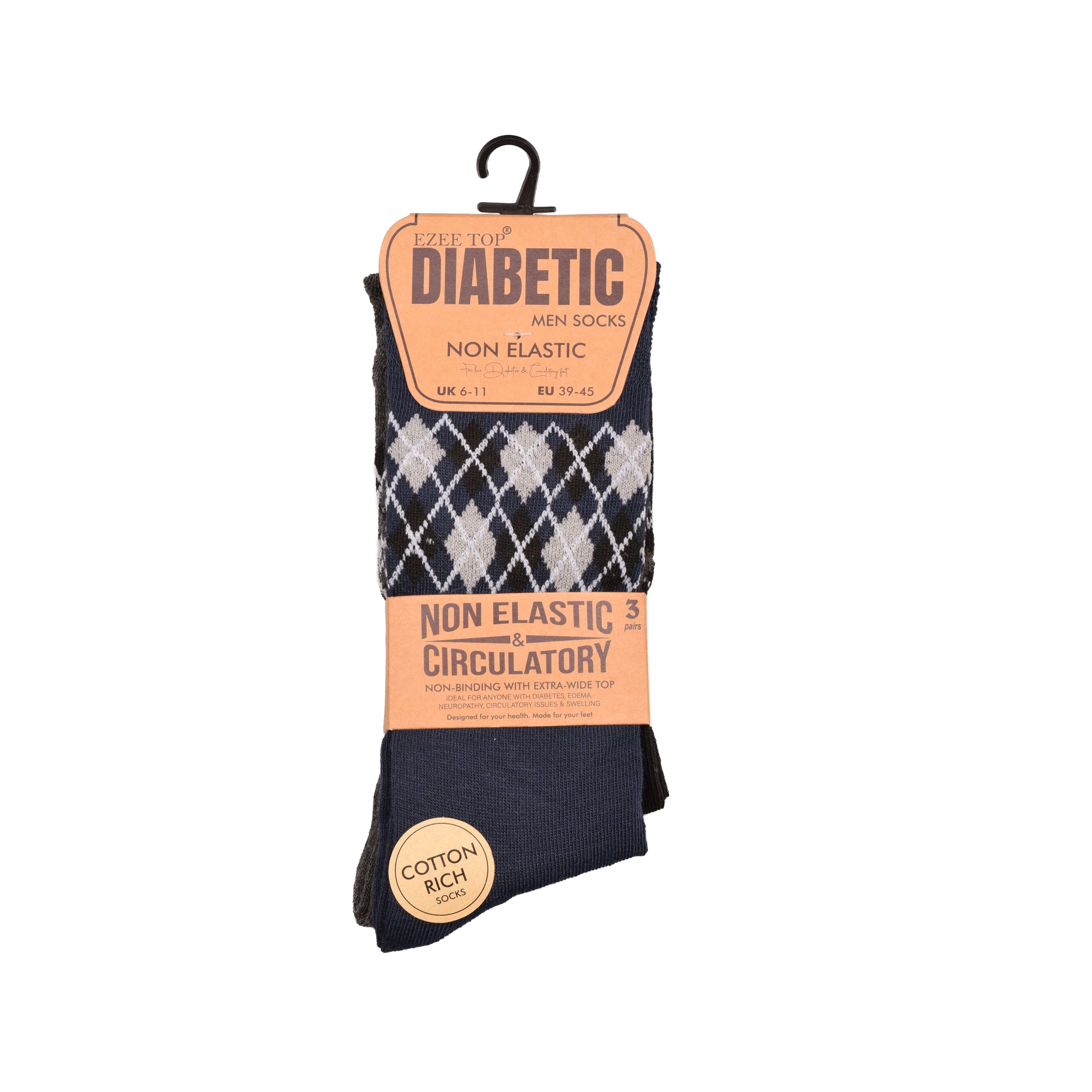Men's Diabetic Pattern Socks Non-Binding Wide Top | Cotton Rich Multipack 3, 6, 9 & 12 Pairs | UK
