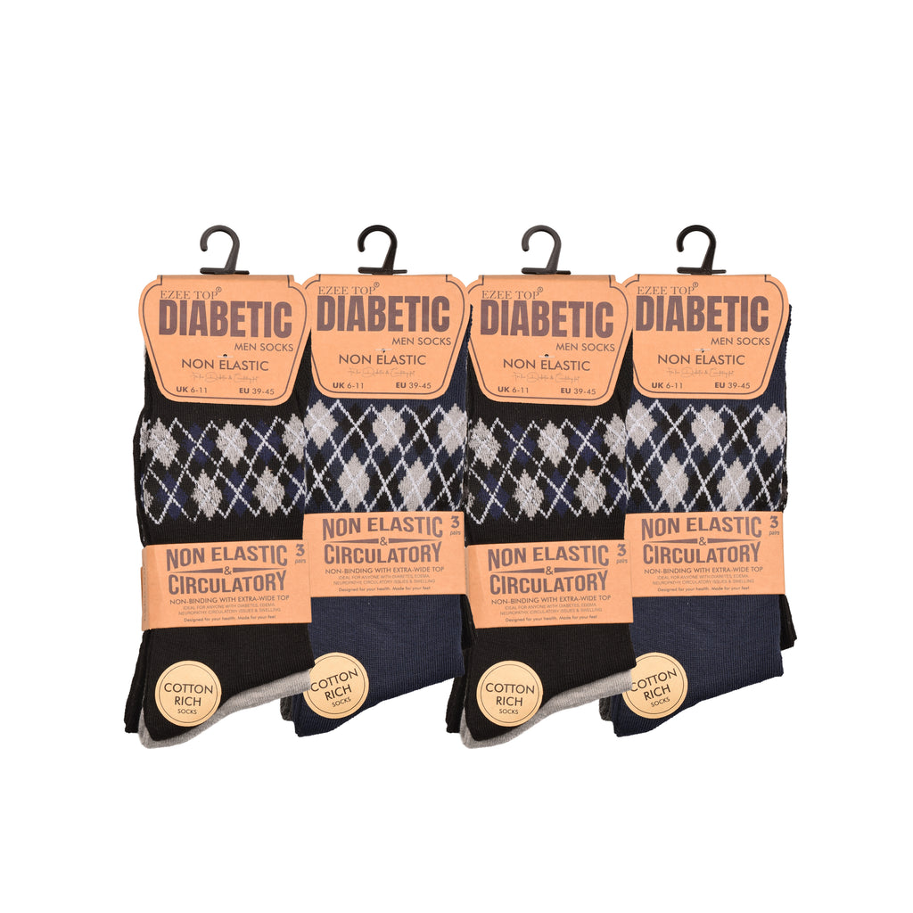 Men's diabetic pattern socks non-binding wide top cotton rich multipack UK Hopoye