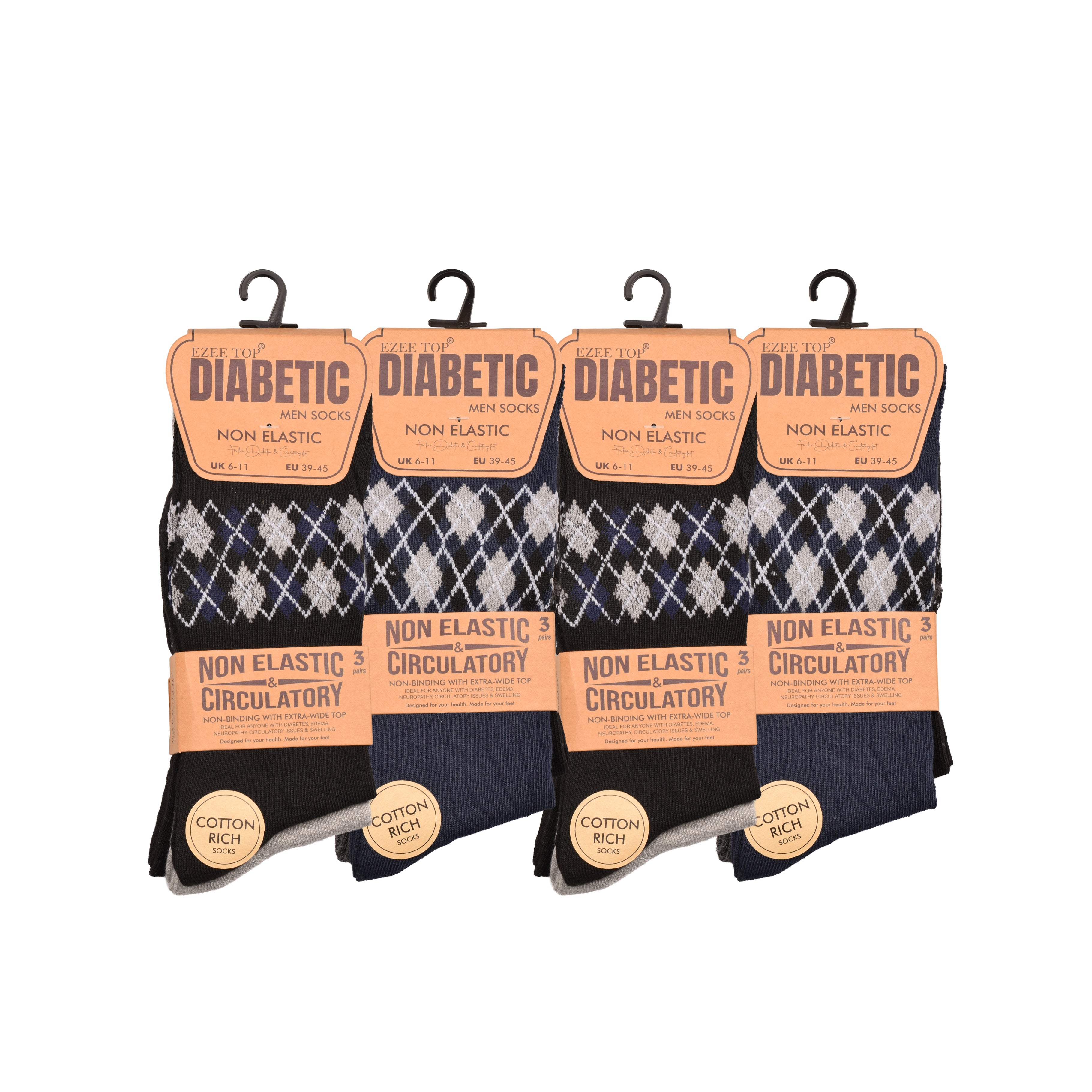 Men's diabetic pattern socks non-binding wide top cotton rich multipack UK Hopoye