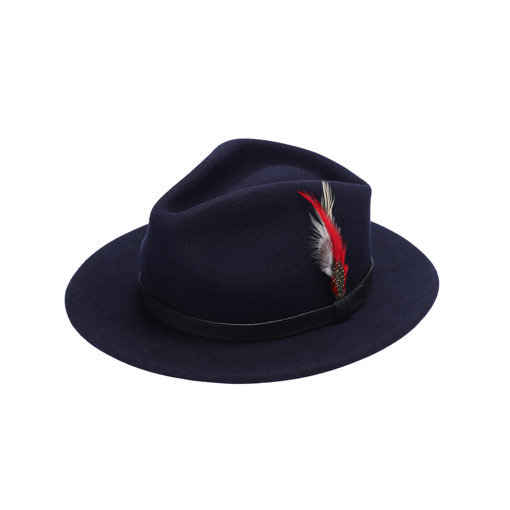 Navy blue 100% wool fedora hat handmade wide brim XS to XL UK