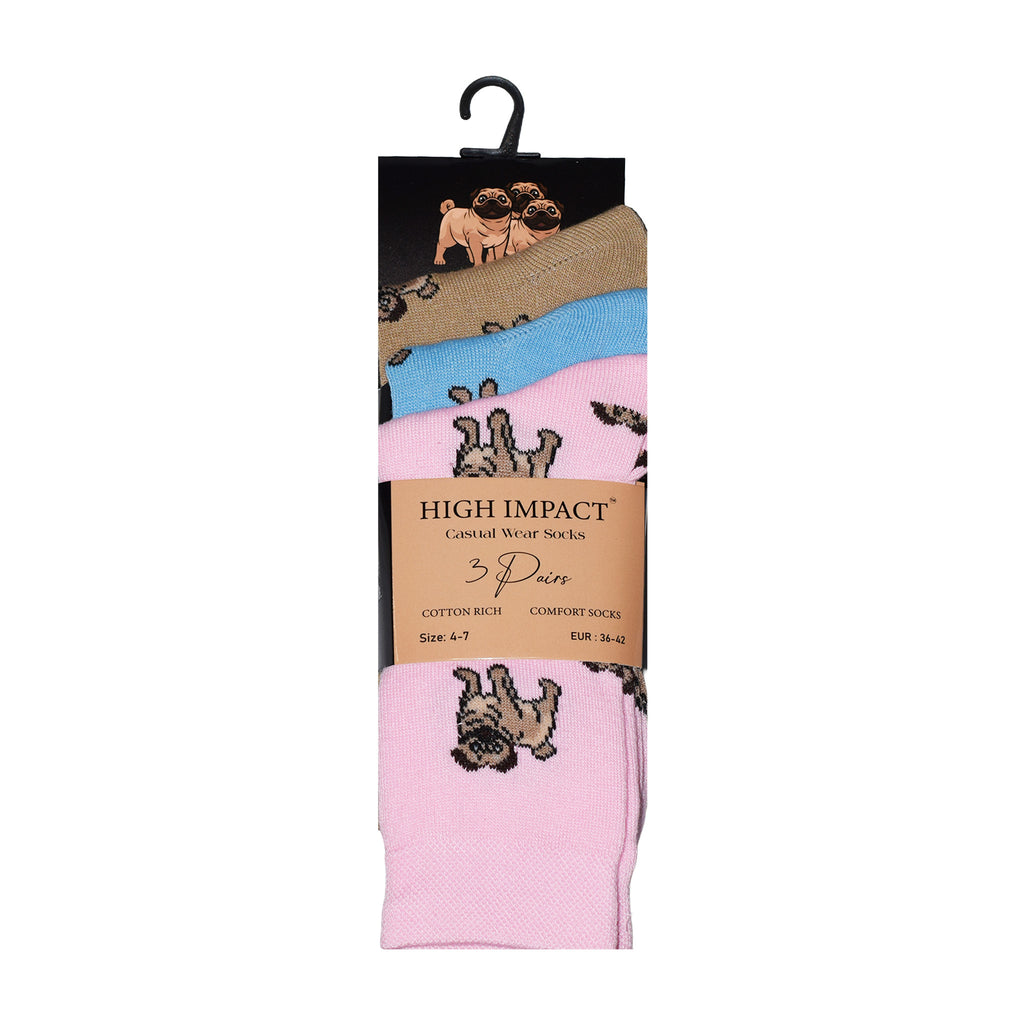 Pug Dog Design Women's Cotton Rich Socks | Ladies Novelty Multipack 3, 6, 9 & 12 Pairs | UK 4-6.5