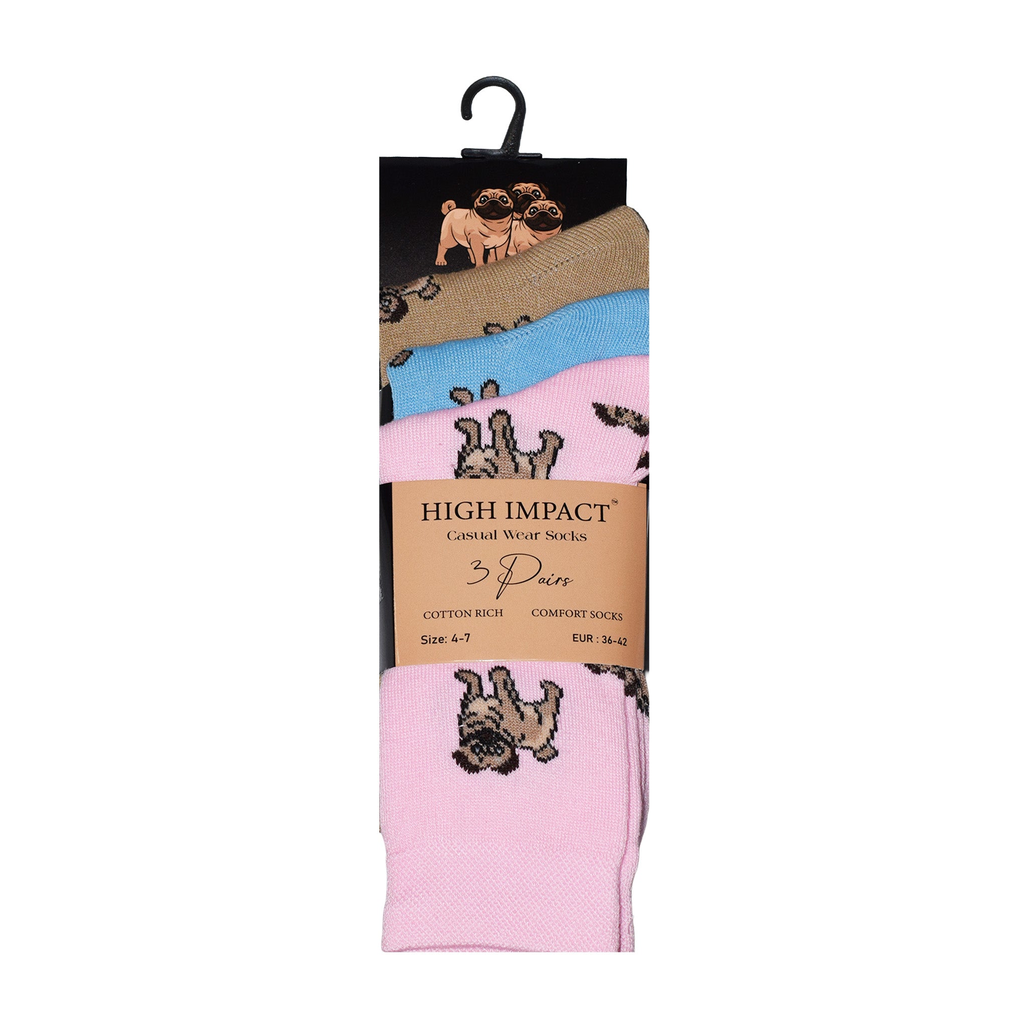 Pug Dog Design Women's Cotton Rich Socks | Ladies Novelty Multipack 3, 6, 9 & 12 Pairs | UK 4-6.5