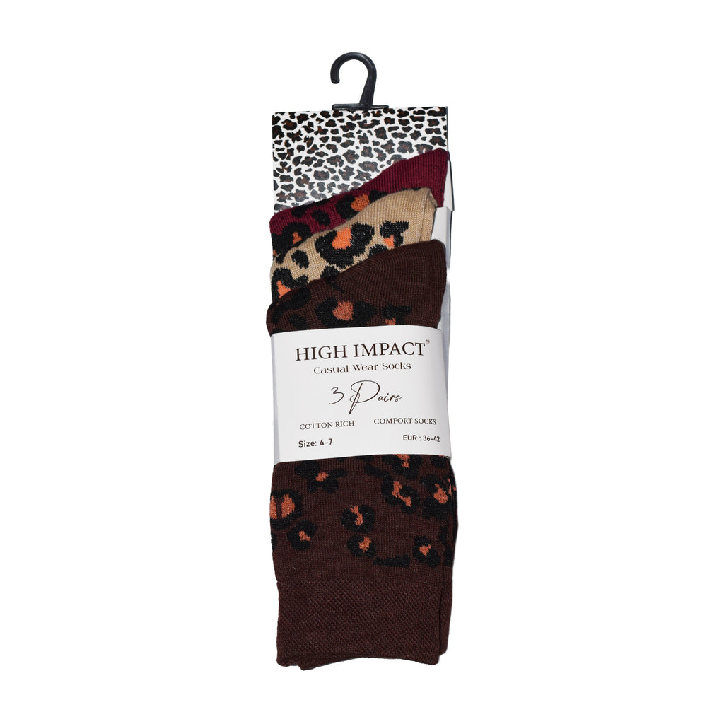 Leopard Print Women's Cotton Rich Socks | Ladies Novelty Multipack 3, 6, 9 & 12 Pairs | UK 4-6.5