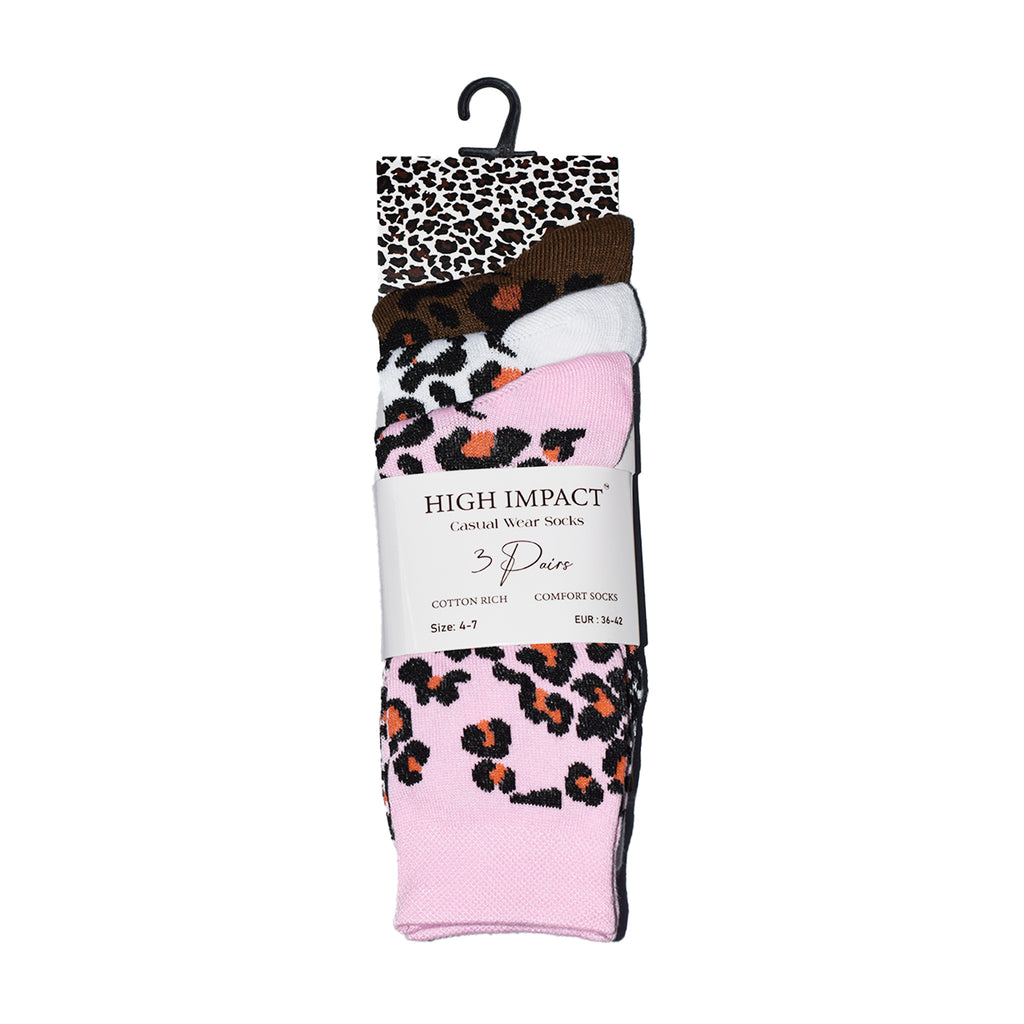 Leopard Print Women's Cotton Rich Socks | Ladies Novelty Multipack 3, 6, 9 & 12 Pairs | UK 4-6.5