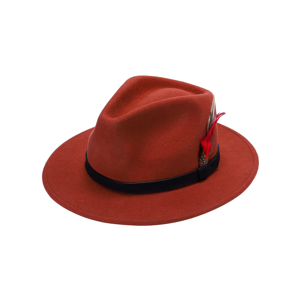 Burnt orange 100% wool fedora hat handmade wide brim XS to XL UK