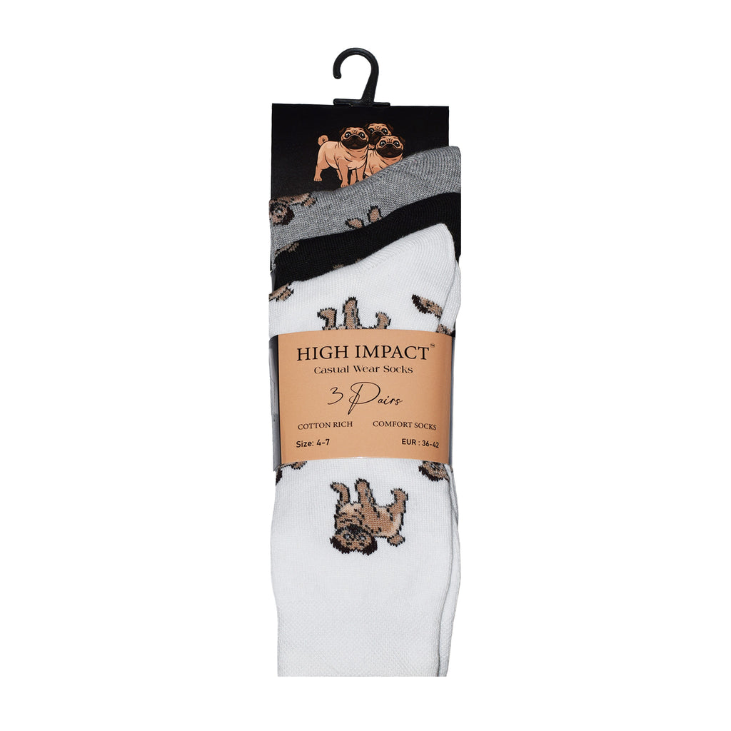 Pug Dog Design Women's Cotton Rich Socks | Ladies Novelty Multipack 3, 6, 9 & 12 Pairs | UK 4-6.5