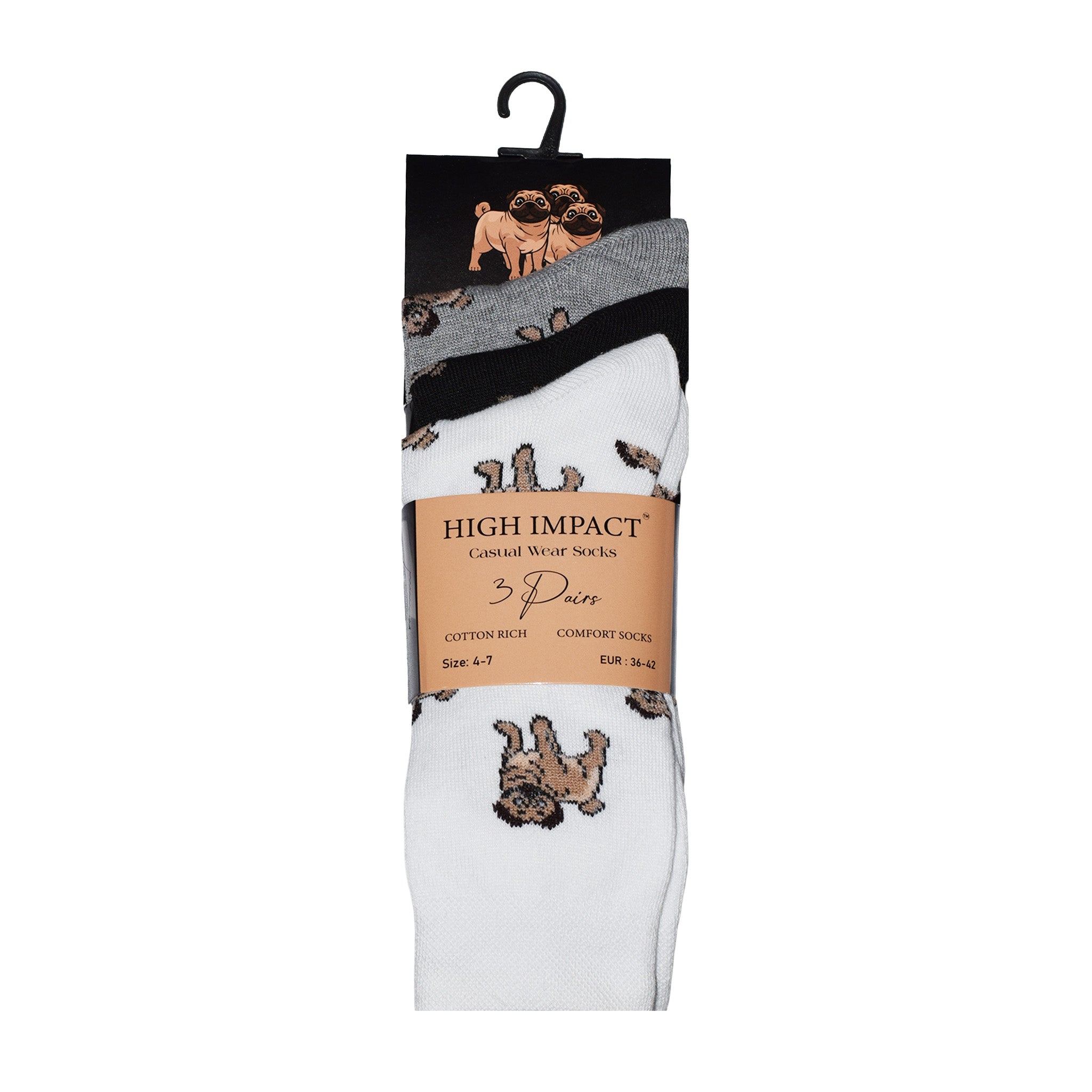 Pug Dog Design Women's Cotton Rich Socks | Ladies Novelty Multipack 3, 6, 9 & 12 Pairs | UK 4-6.5