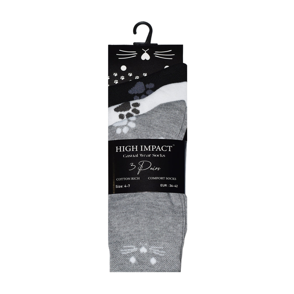 Cat Design Women's Cotton Rich Socks | Ladies Novelty Multipack 3, 6, 9 & 12 Pairs | UK 4-6.5