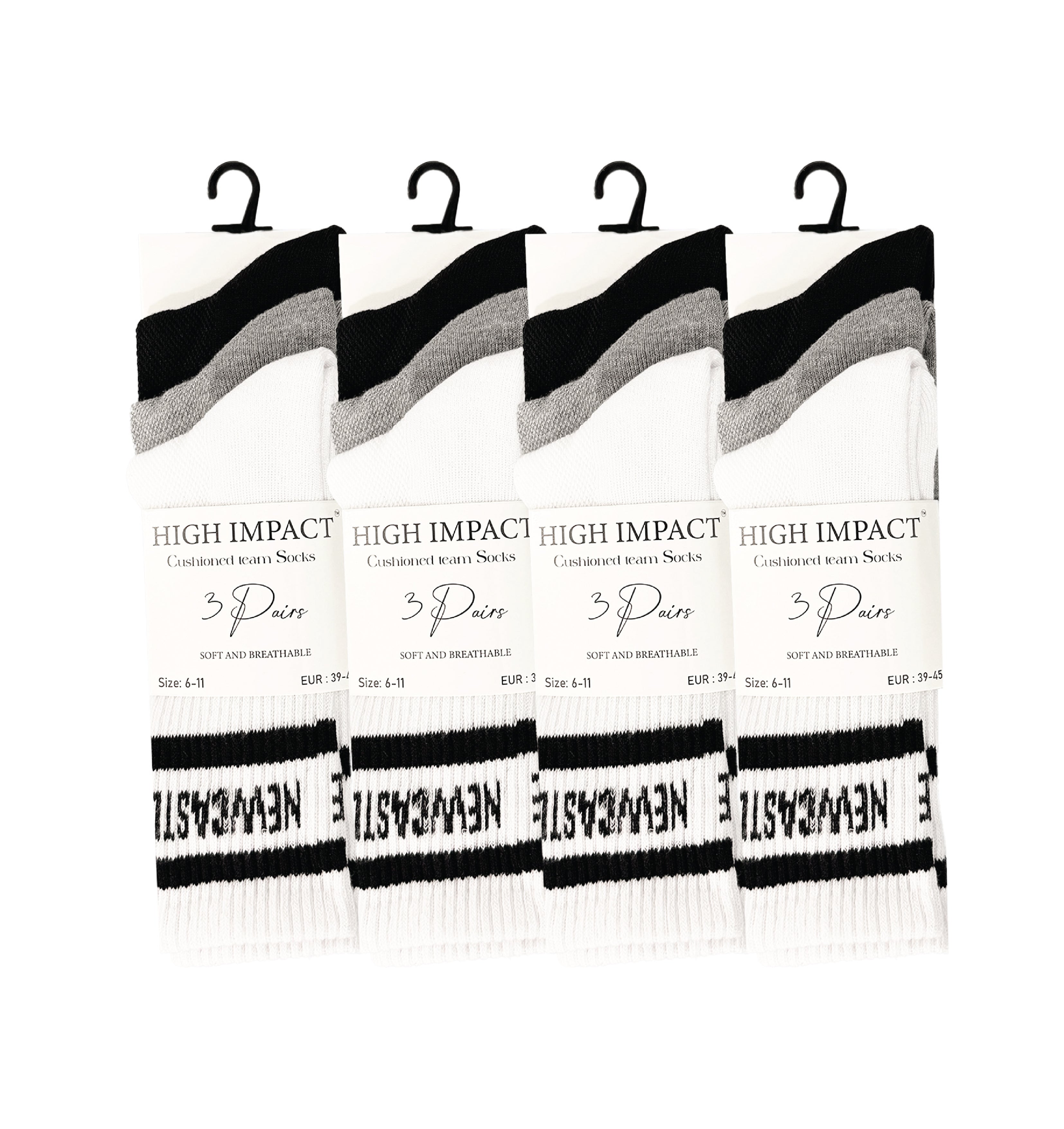 Newcastle black white football socks breathable cotton multipack UK Hopoye