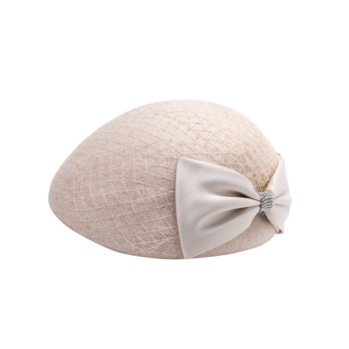 Ladies wool cloche hat with rhinestone accent bow, close-up
