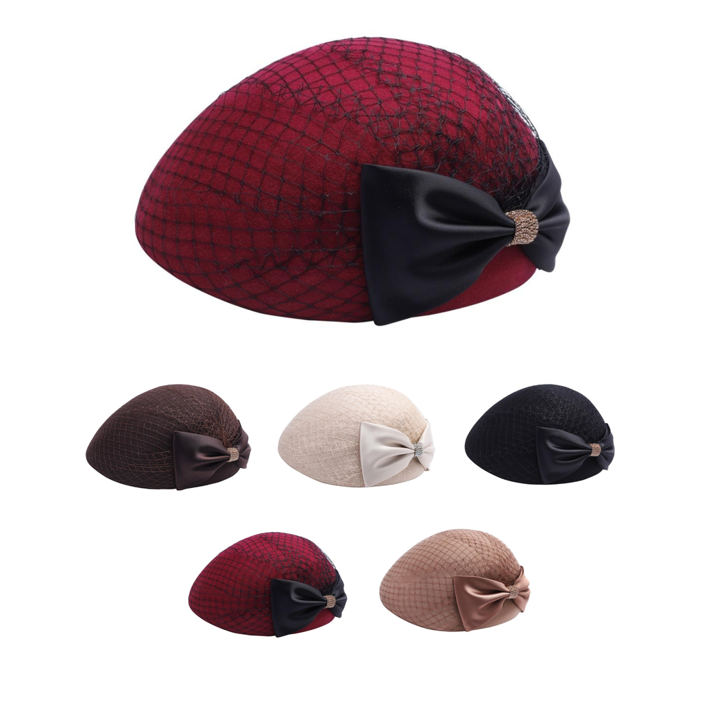 Hopoye ladies wool cloche hat with net veil and rhinestone accent bow