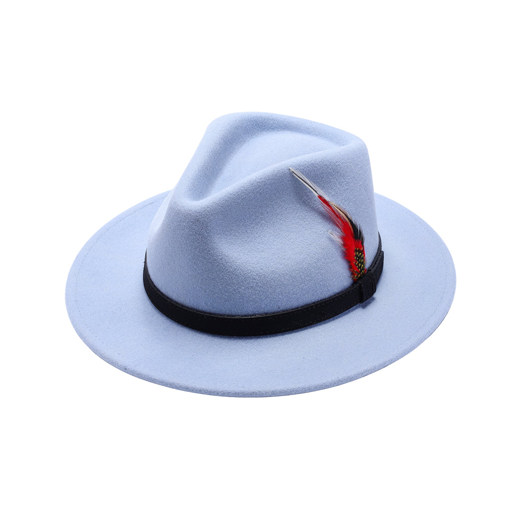Sky blue 100% wool fedora hat handmade wide brim XS to XL UK Hopoye