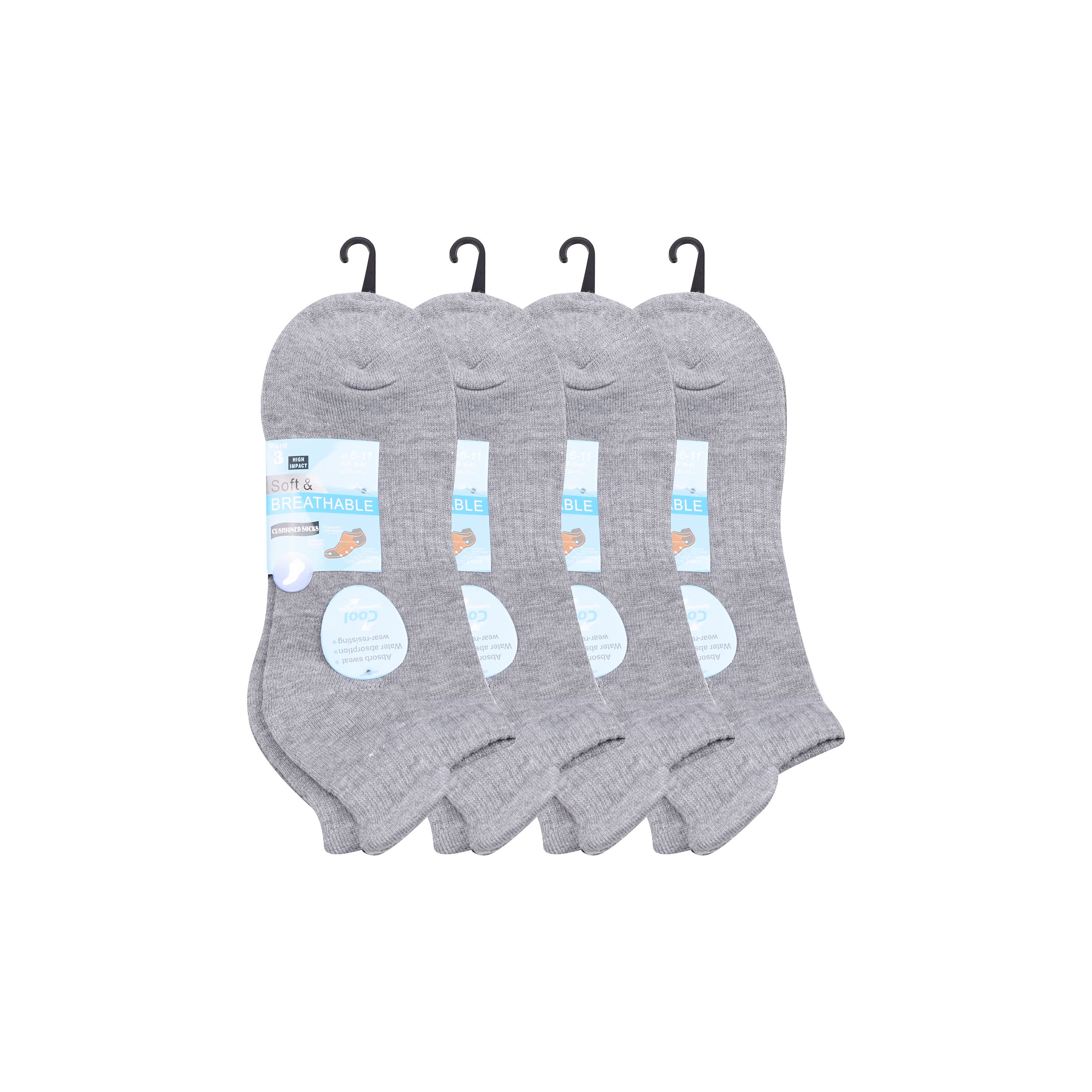 Men's grey trainer socks cushioned breathable cotton multipack UK Hopoye