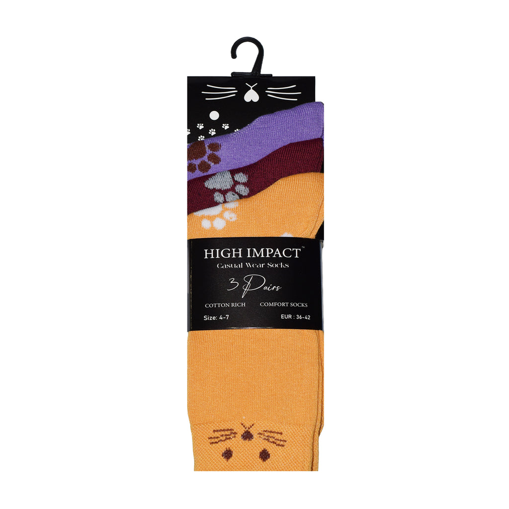 Cat Design Women's Cotton Rich Socks | Ladies Novelty Multipack 3, 6, 9 & 12 Pairs | UK 4-6.5