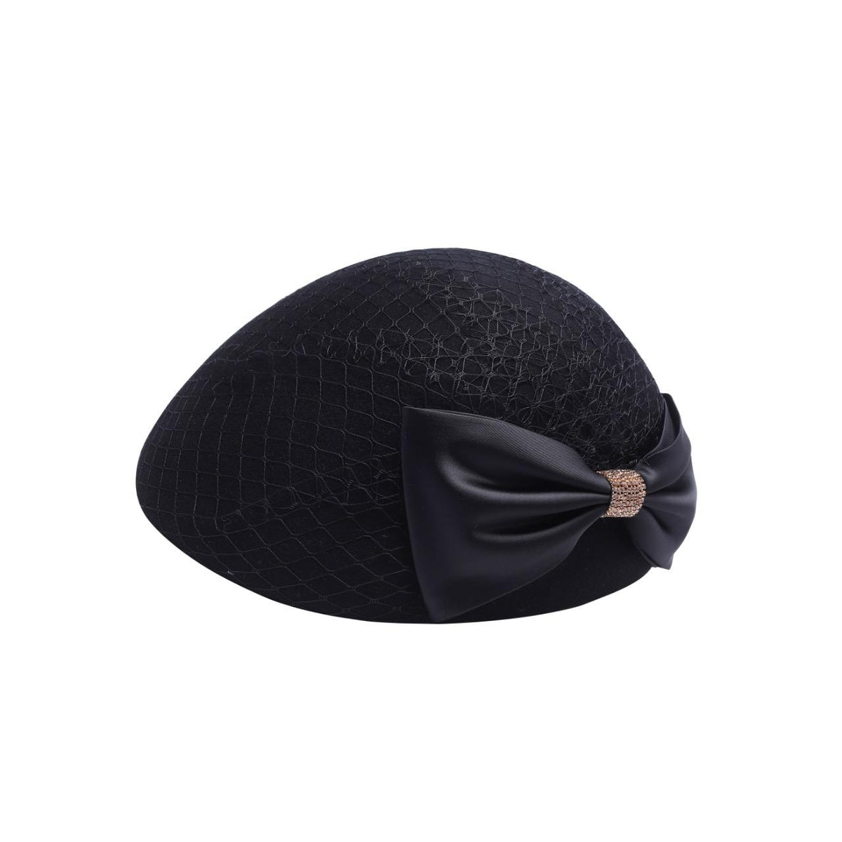 Wool cloche hat with rhinestone accent bow and net veil detail