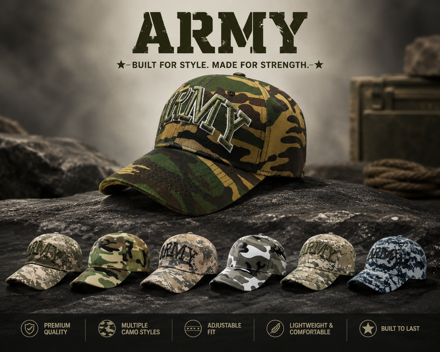 ARMY embroidered camo cap close up embroidery adjustable UK Hopoye