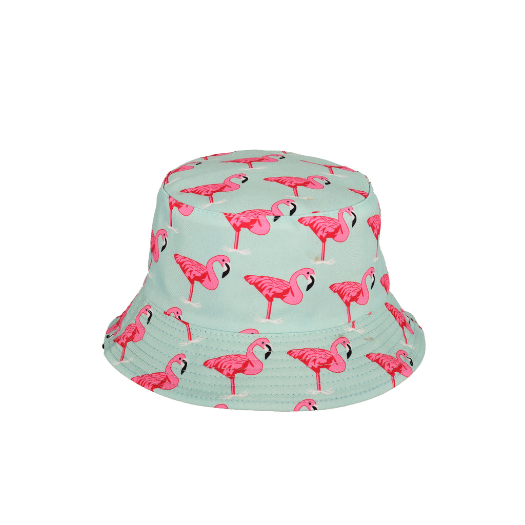 Flamingo print festival bucket hat worn reversible cotton UK Hopoye