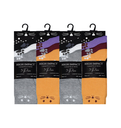 Cat design women's cotton rich novelty socks ladies multipack UK 4-6.5 Hopoye