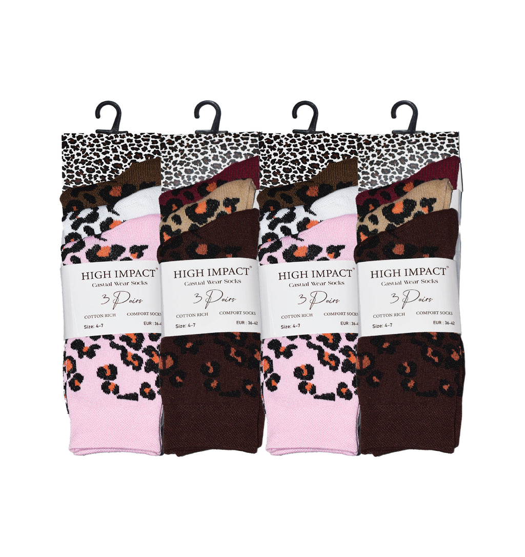 Leopard print women's cotton rich novelty socks ladies multipack UK 4-6.5 Hopoye