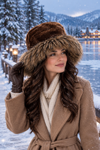 Ladies large brim two tone faux fur hat in a snowy lakeside portrait, Hopoye