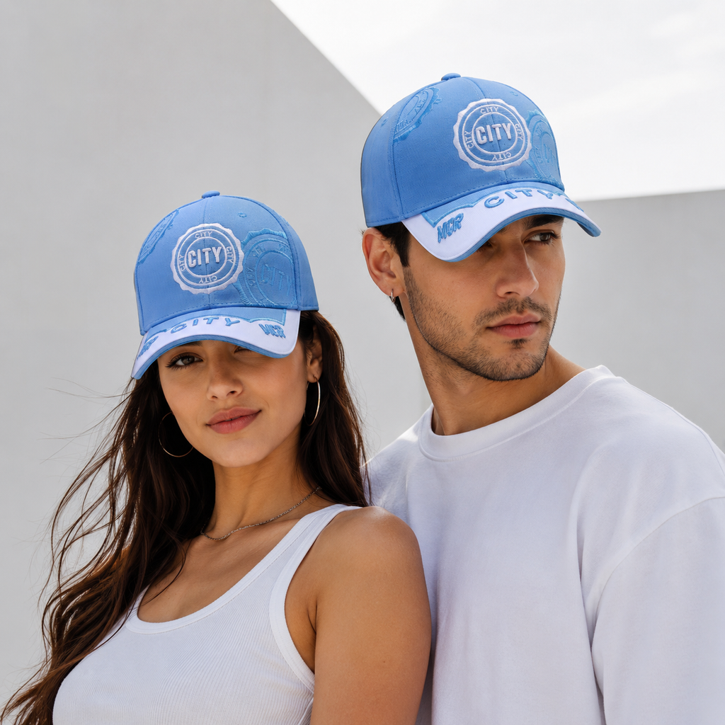 Sky blue City supporter baseball cap with white contrast peak and raised CITY lettering, product view 1