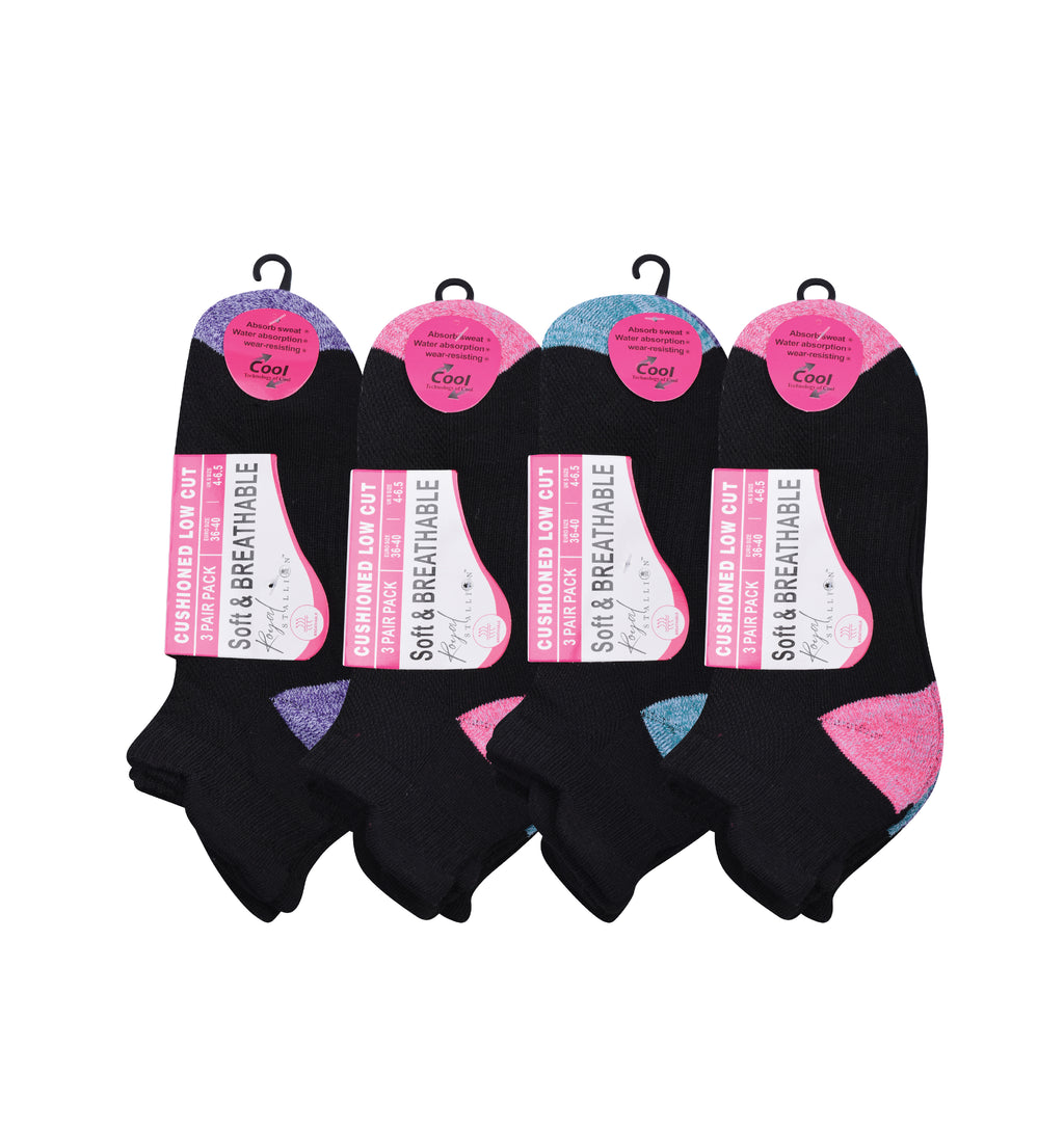 Girls black heel and toe trainer socks cushioned breathable cotton multipack UK