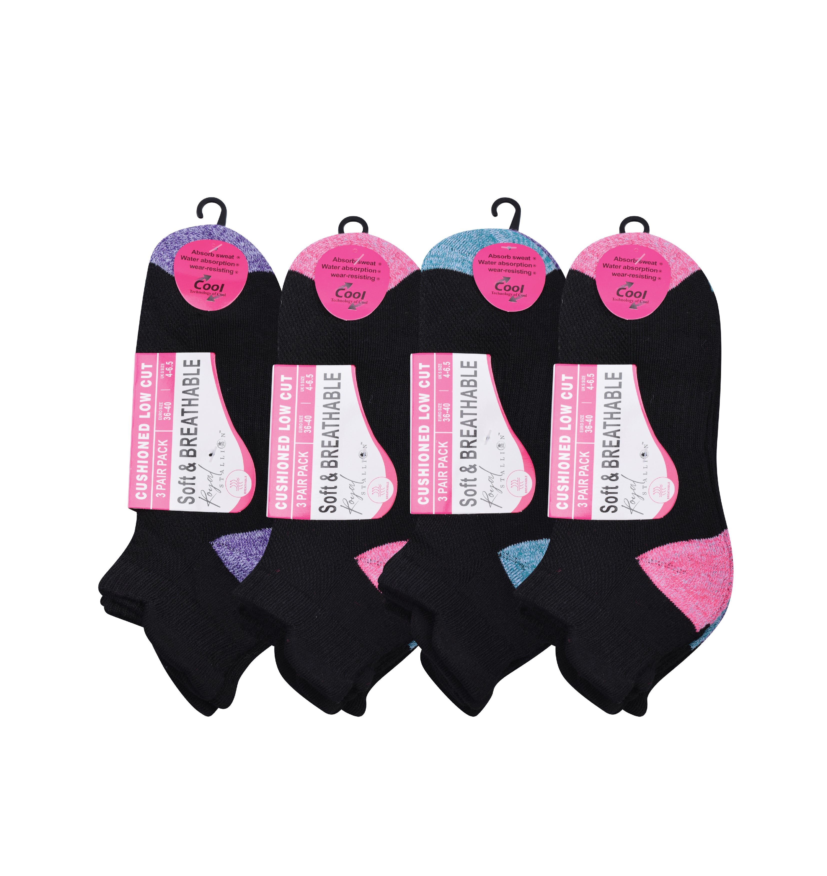 Girls black heel and toe trainer socks cushioned breathable cotton multipack UK