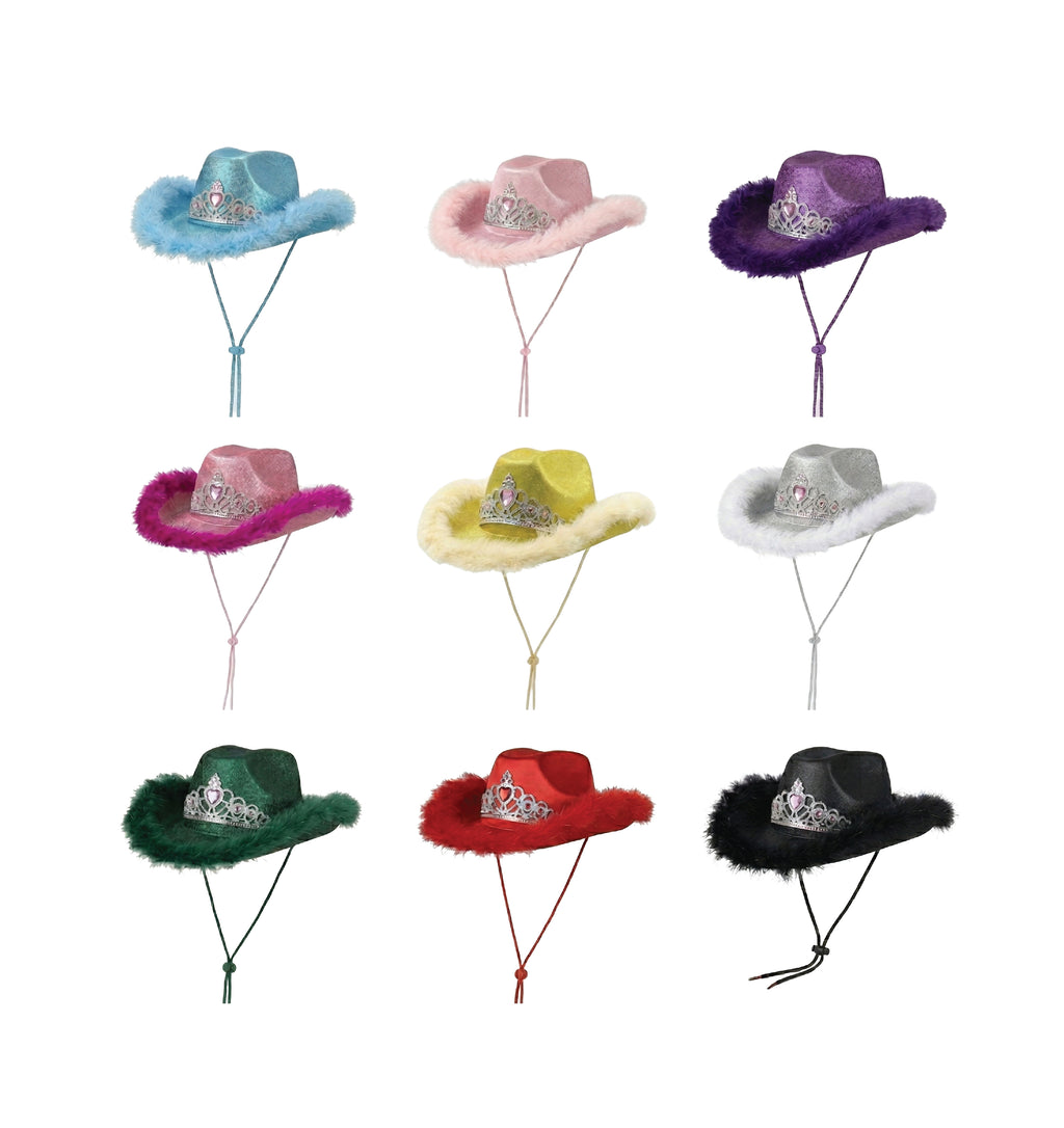 Glitter tiara cowgirl party hat faux fur trim 9 colours UK Hopoye