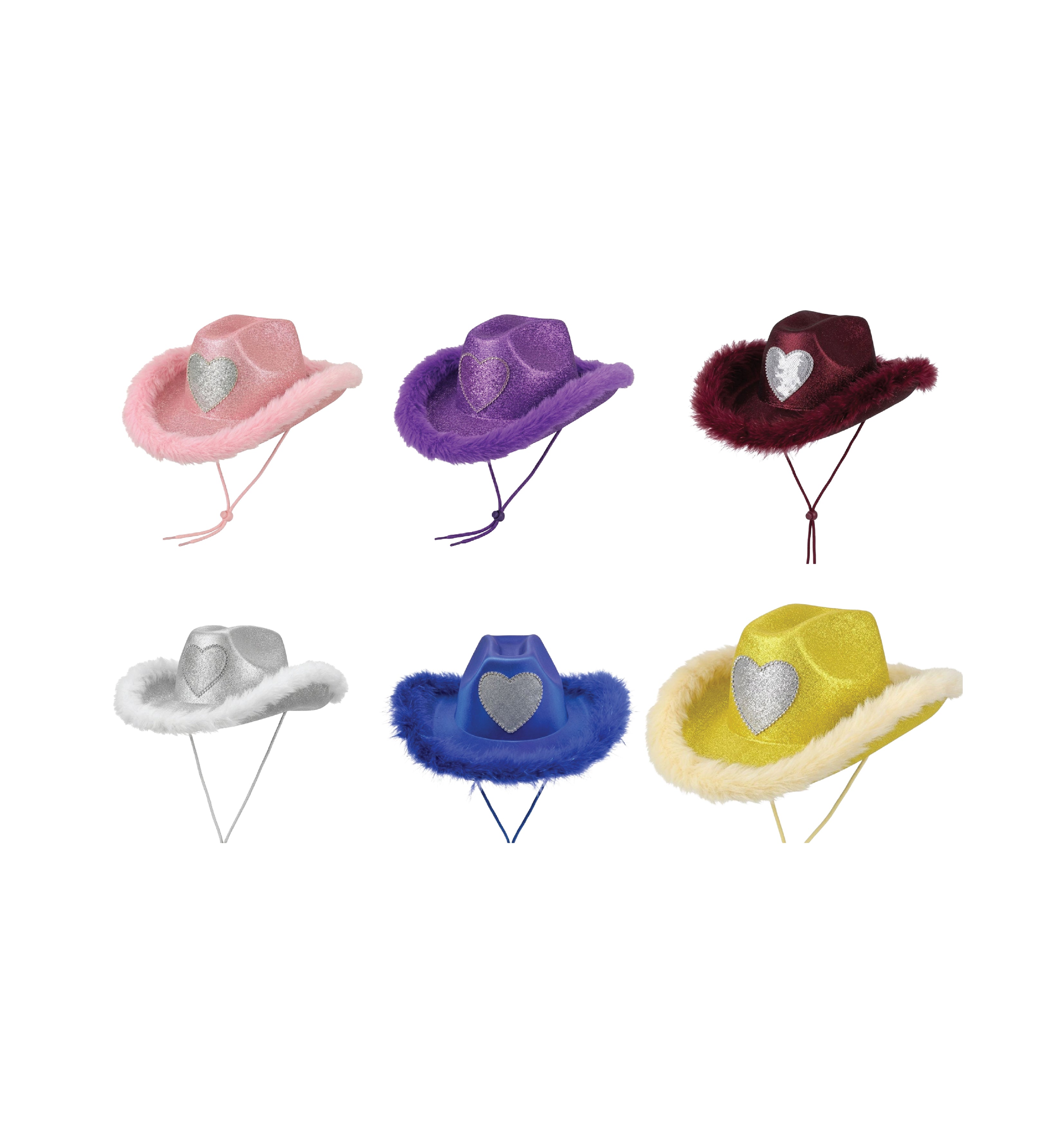 Glitter heart party cowboy hat faux fur trim 6 colours UK Hopoye