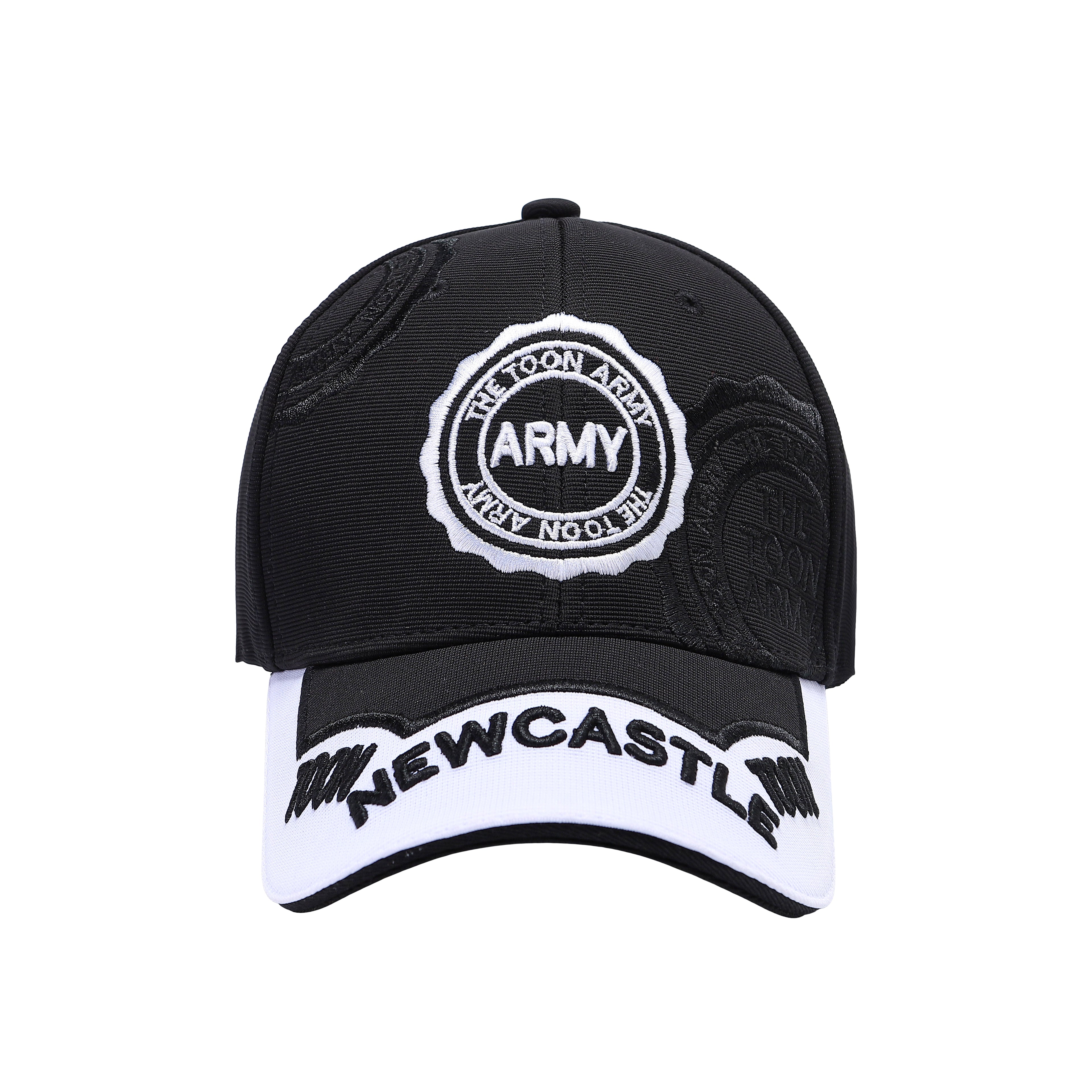 Newcastle football fan baseball cap in black 100% cotton with Toon Army crest embroidery and white peak with NEWCASTLE lettering