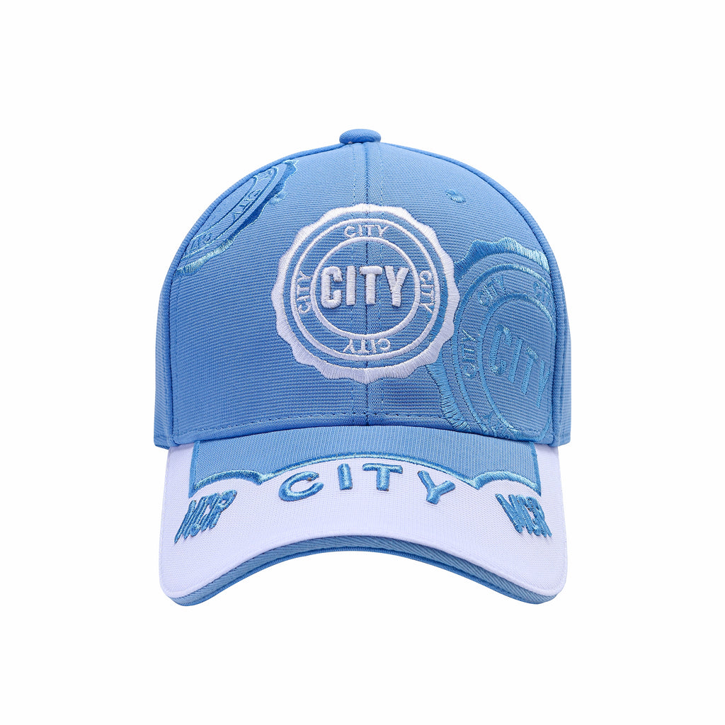 City football fan baseball cap in sky blue 100% cotton with CITY crest embroidery and white peak with CITY lettering