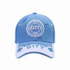 City football fan baseball cap in sky blue 100% cotton with CITY crest embroidery and white peak with CITY lettering