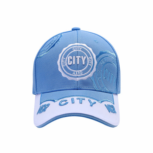 City football fan baseball cap in sky blue 100% cotton with CITY crest embroidery and white peak with CITY lettering