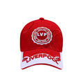 Liverpool football fan baseball cap in red 100% cotton with LVP crest embroidery and white peak with LIVERPOOL lettering