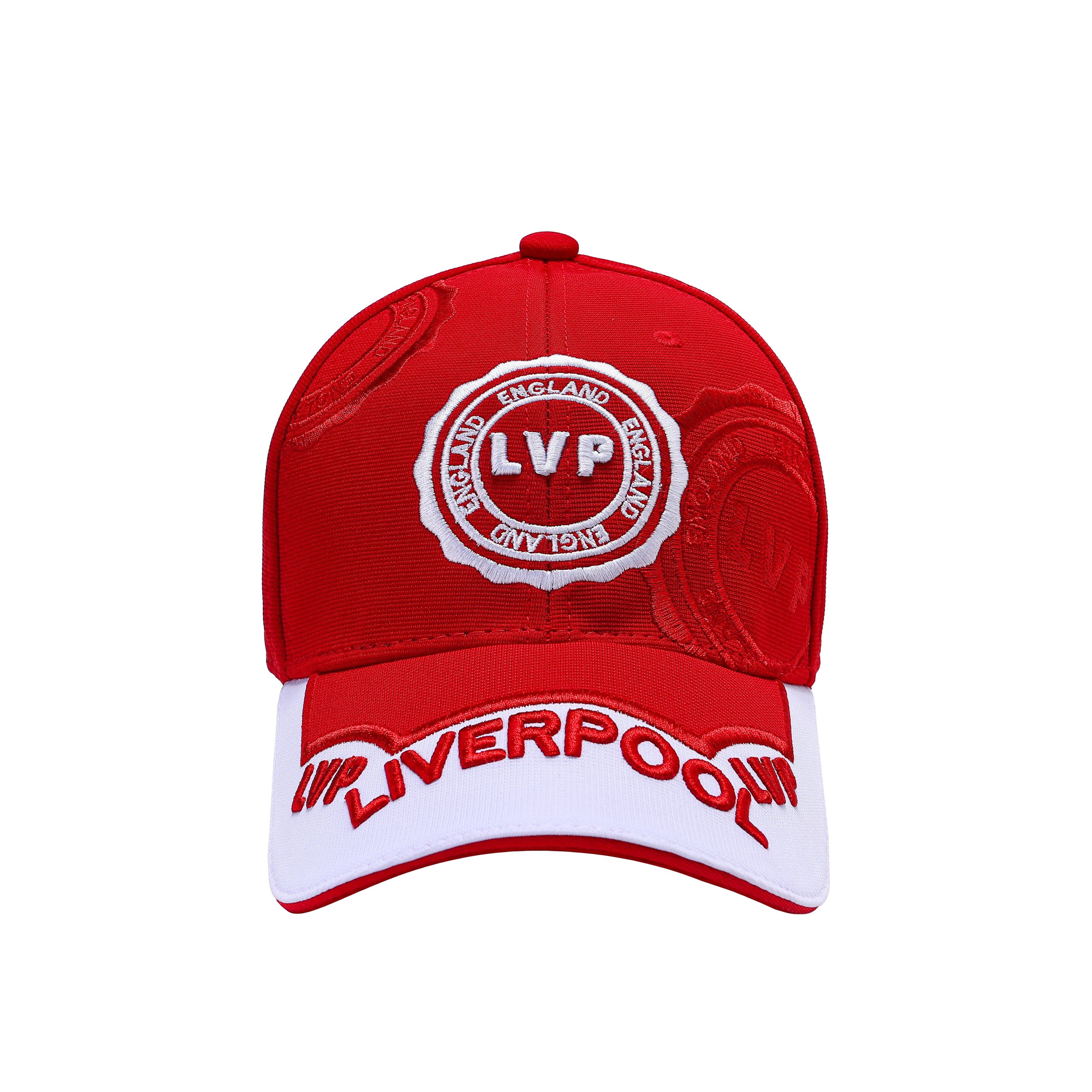 Liverpool football fan baseball cap in red 100% cotton with LVP crest embroidery and white peak with LIVERPOOL lettering
