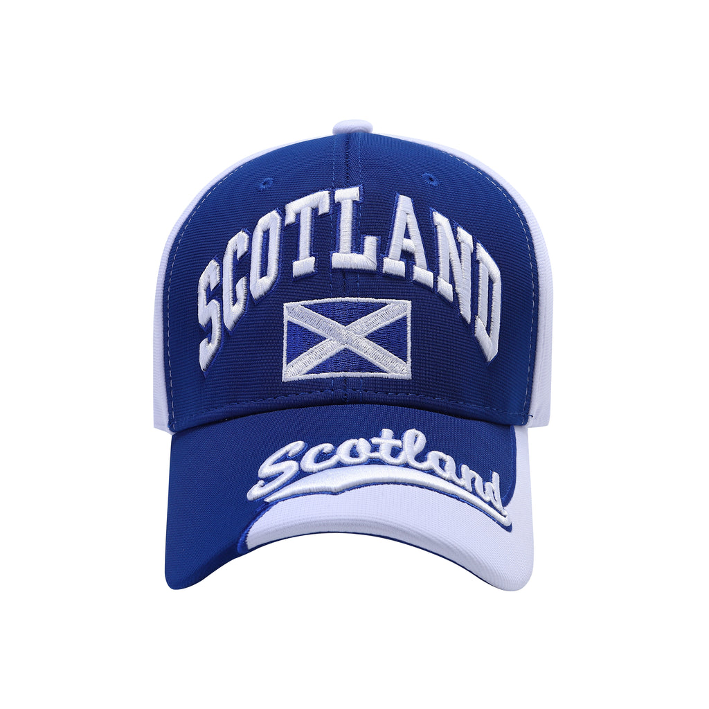 Close-up of embroidered Scottish Saltire St Andrew's Cross on 6 panel baseball cap