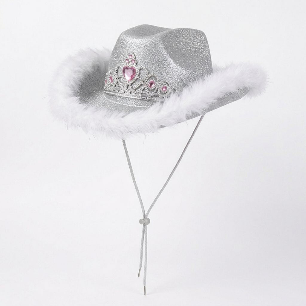 Glitter Tiara Cowgirl Party Hat | Faux Fur Trim | 9 Colours UK