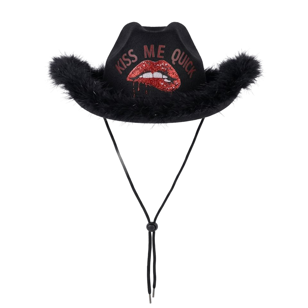 Kiss me quick glitter cowboy hat black pink hen do party UK
