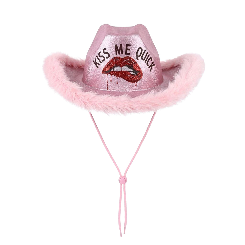 Kiss me quick glitter party hat side view faux fur UK Hopoye