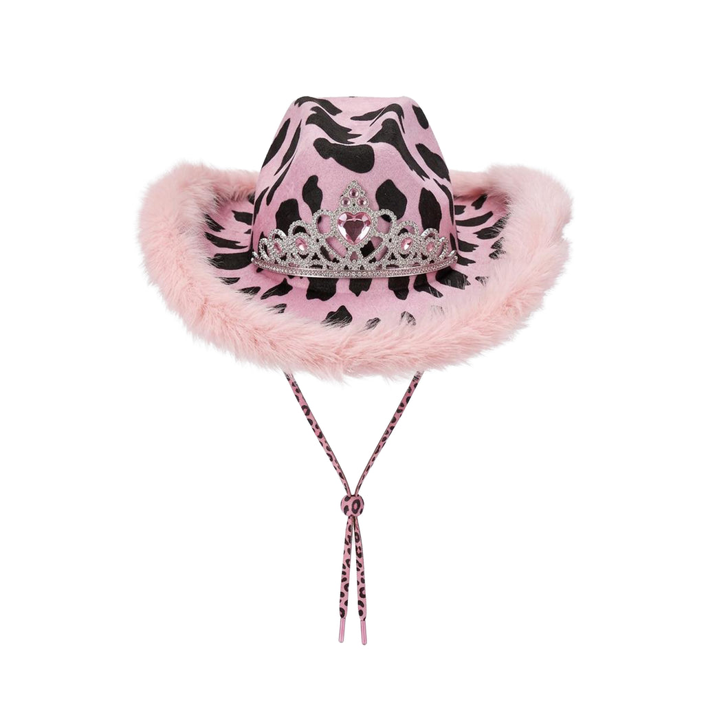 Cow print fun party hat faux fur trim hen do UK Hopoye