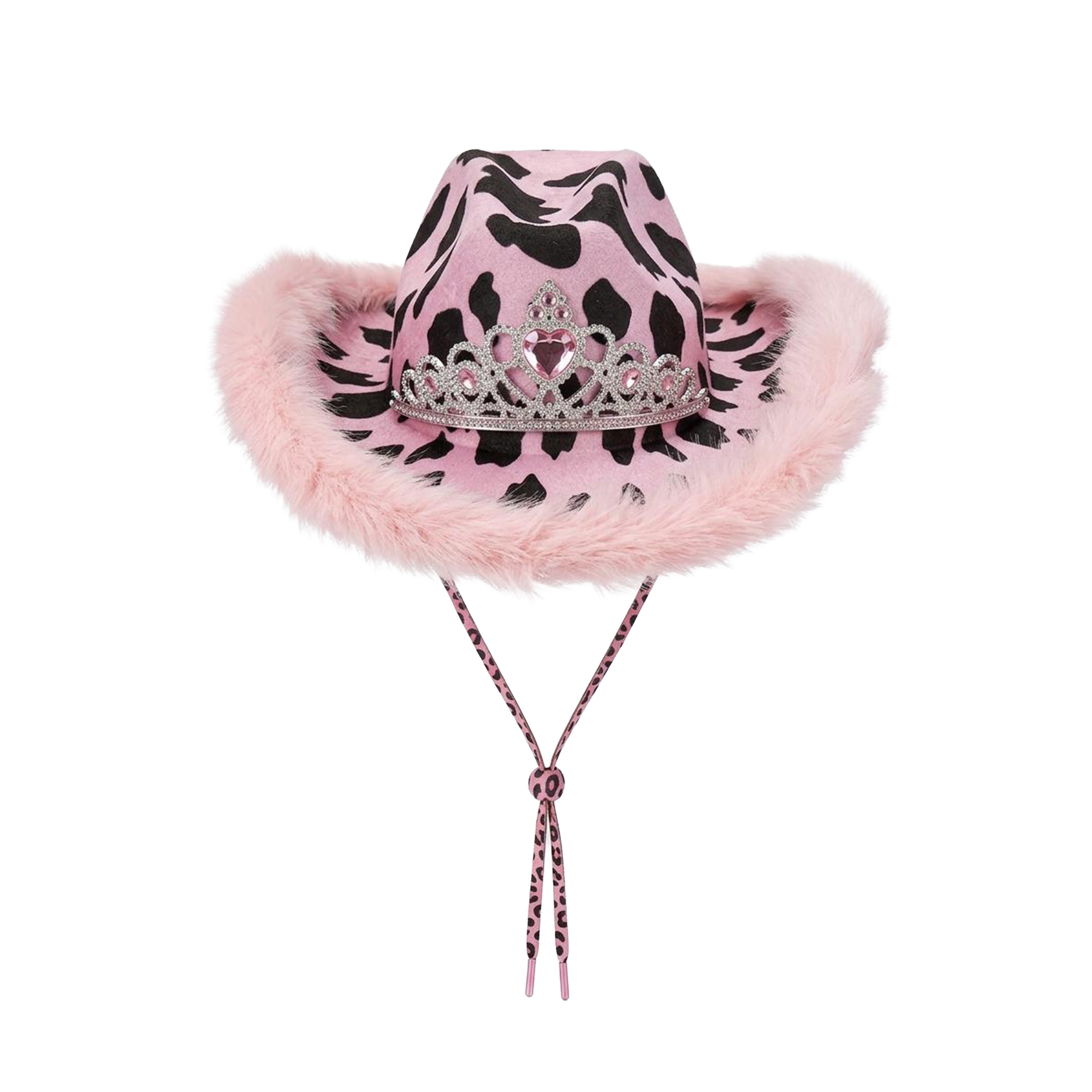 Cow print fun party hat faux fur trim hen do UK Hopoye