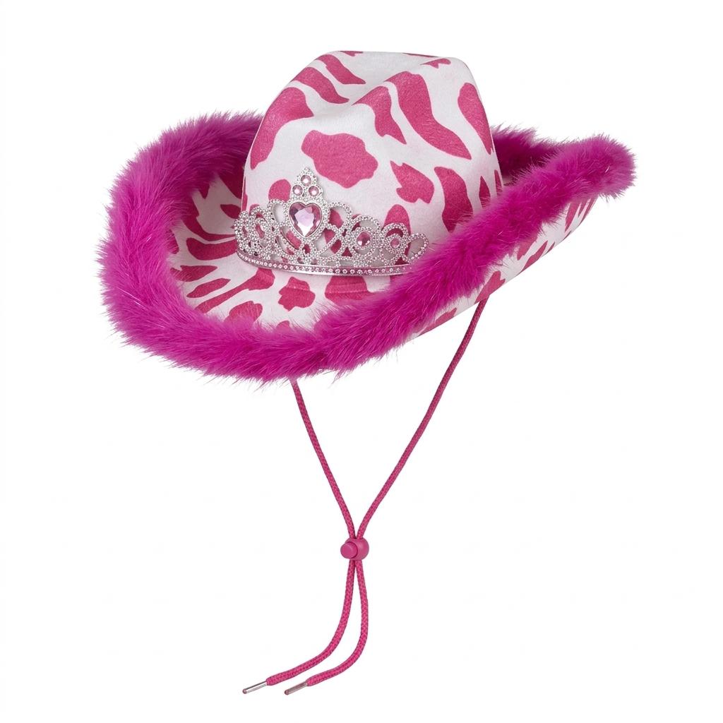 Cow Print Party Cowboy Hat | Faux Fur Trim Adjustable | 6 Colours UK