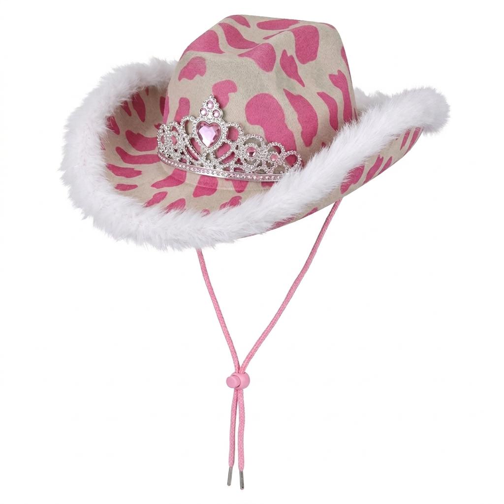 Cow print party hat close up faux fur trim adjustable UK Hopoye