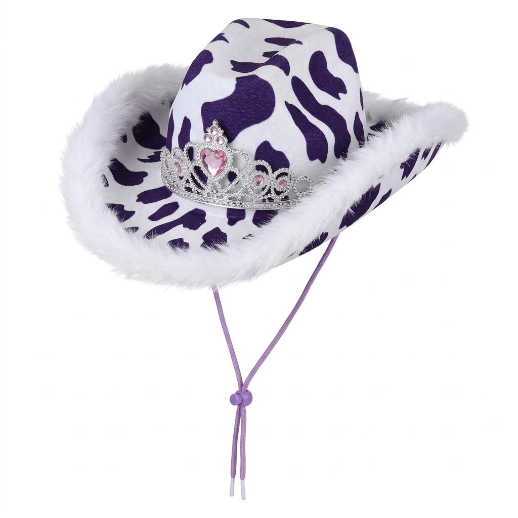 Cow Print Party Cowboy Hat | Faux Fur Trim Adjustable | 6 Colours UK